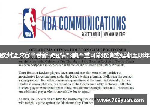 欧洲篮球赛事受新冠疫情影响严重可能取消或延期至明年