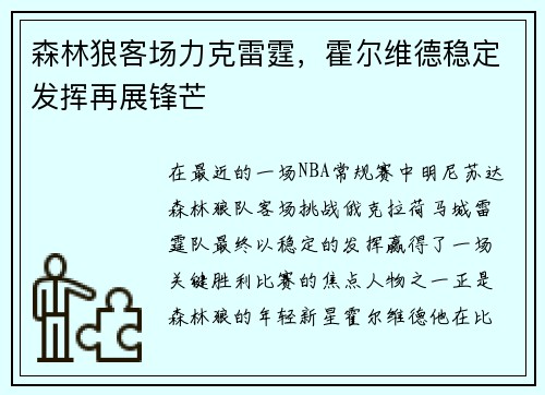 森林狼客场力克雷霆，霍尔维德稳定发挥再展锋芒