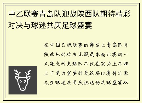 中乙联赛青岛队迎战陕西队期待精彩对决与球迷共庆足球盛宴