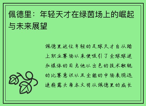 佩德里：年轻天才在绿茵场上的崛起与未来展望