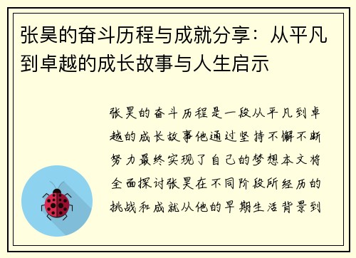张昊的奋斗历程与成就分享：从平凡到卓越的成长故事与人生启示